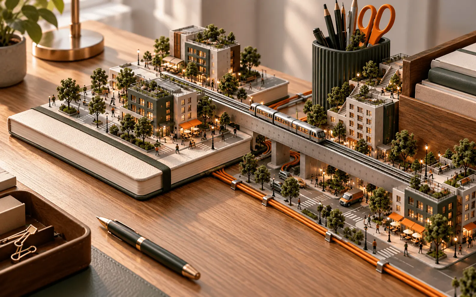 從上方觀看的白色城市規劃模型與樹木街廓