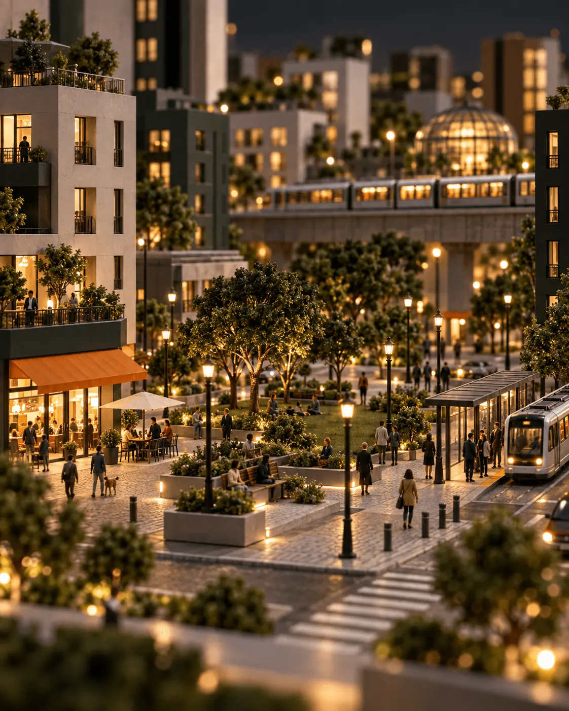 微型城市中的住宅區、高樓與中央公園夜景
