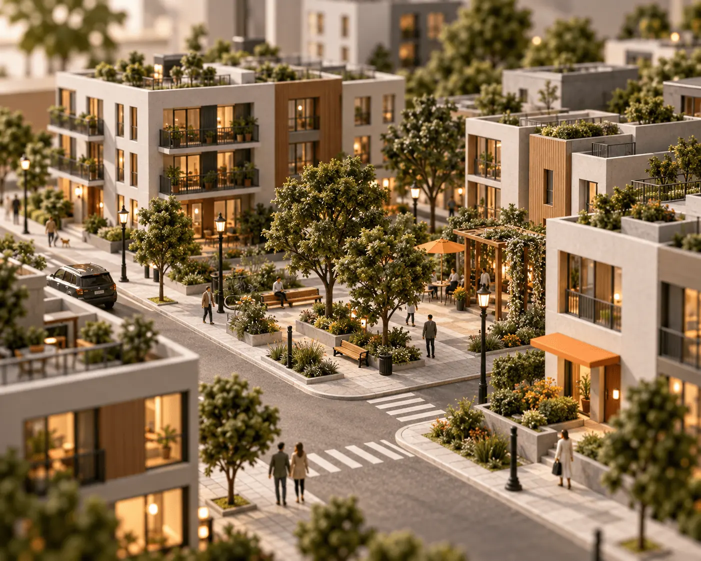 白色建築模型與微型樹木形成的安靜住宅街區